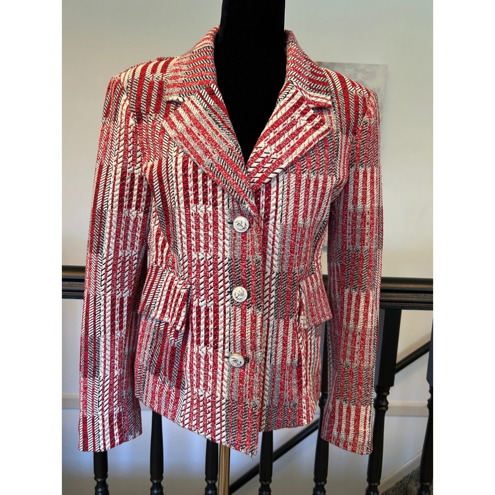 Cabi Racing Jacket 6065 Spring 2022 Red White Black Textured Blazer Small NWT